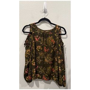 LC LAUREN CONRAD Cold Shoulder Floral Button Back Green Blouse